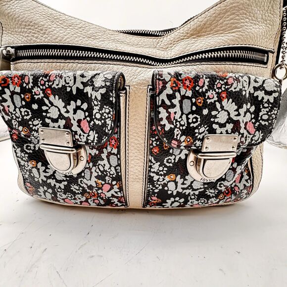 Fossil Off White Multi Color Leather Shoulder Bag Chunky Silver Hardware - Picture 2 of 16